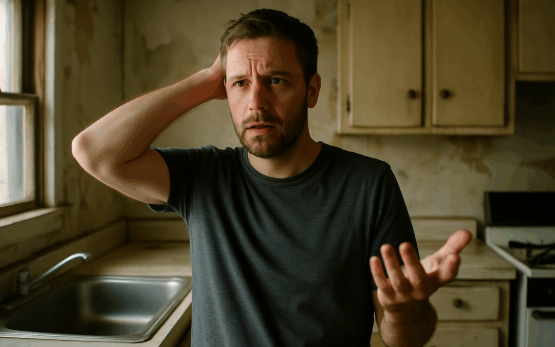 Stressed homeowner reviewing bills and repair costs while trying to sell house.